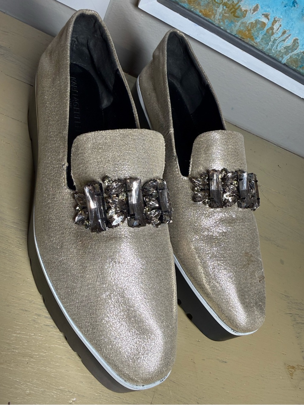 Karl Lagerfeld “Bri” Metallic Gold Jewel-Embellished Platform Loafers